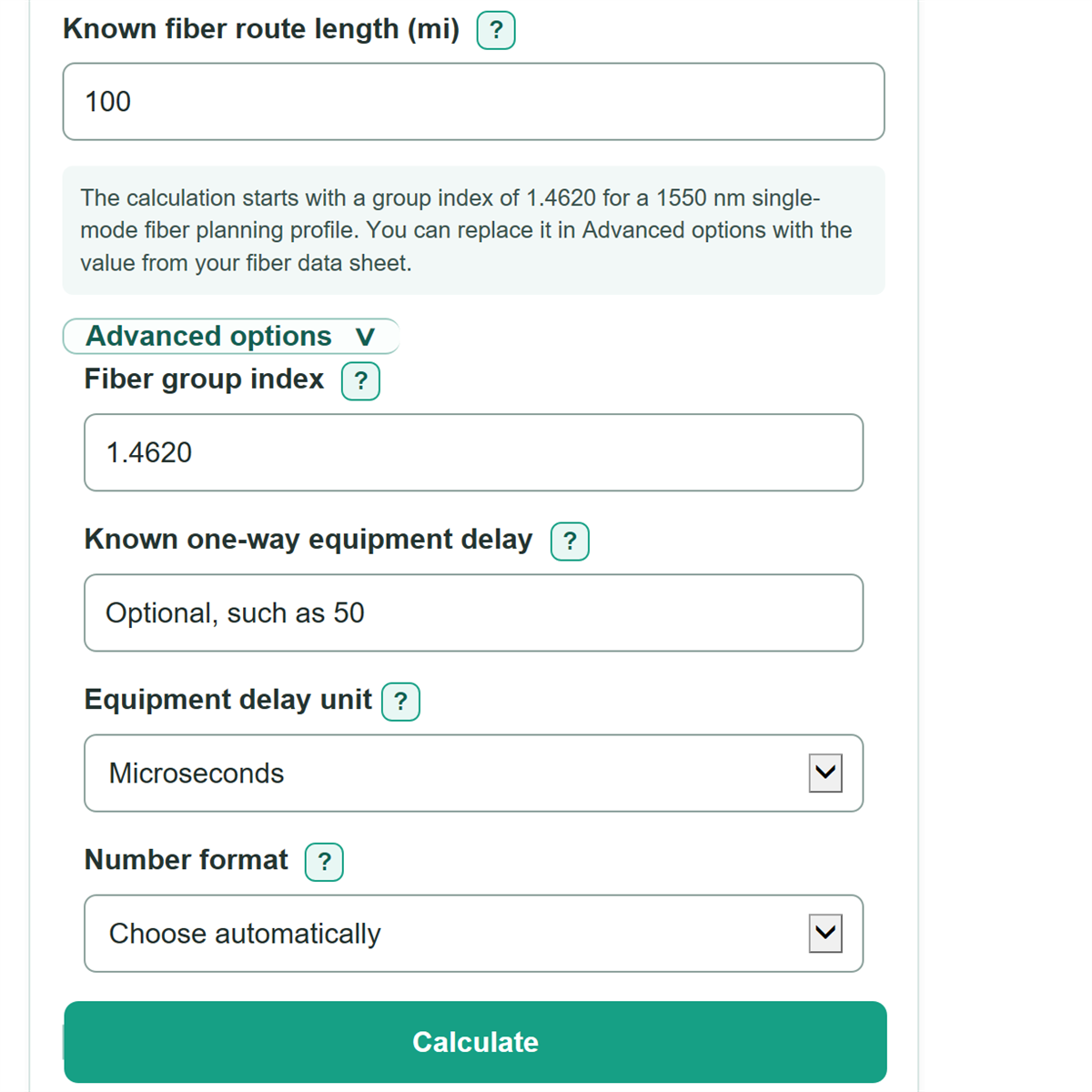 Example inputs for Fiber Propagation Delay and Network Latency Calculator