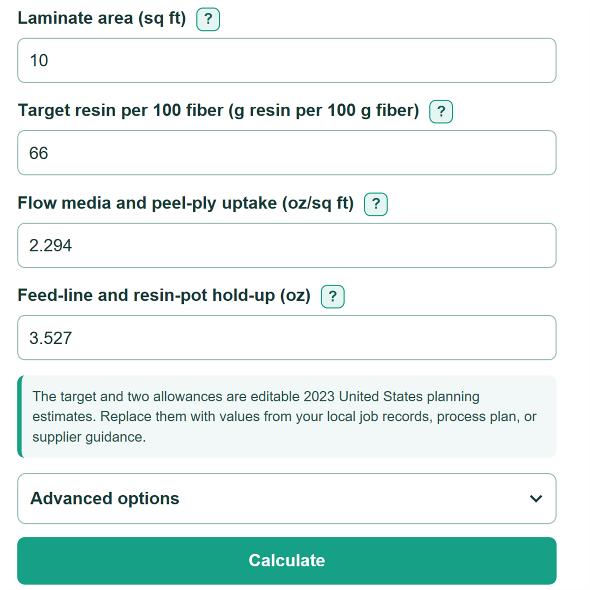 Example inputs for Fiberglass Resin Infusion Calculator