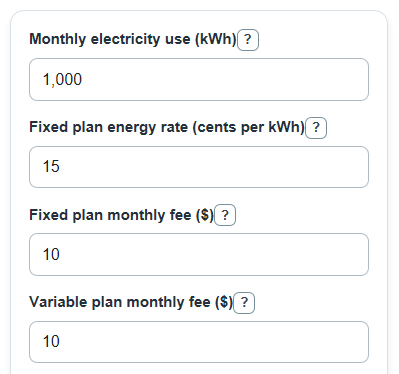 Example inputs for Fixed vs Variable Electricity Rate Calculator