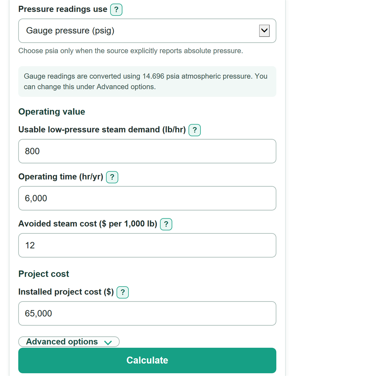Example inputs for Flash Steam Recovery, Energy Savings and Payback Calculator
