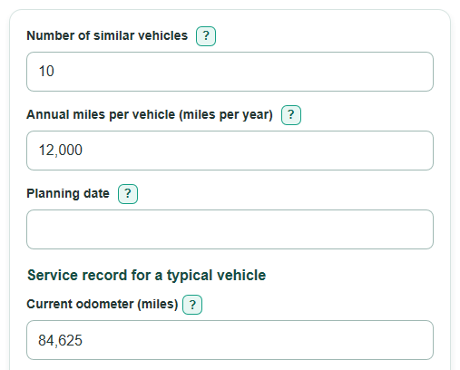 Example inputs for Fleet Oil Change Schedule and Annual Budget Calculator