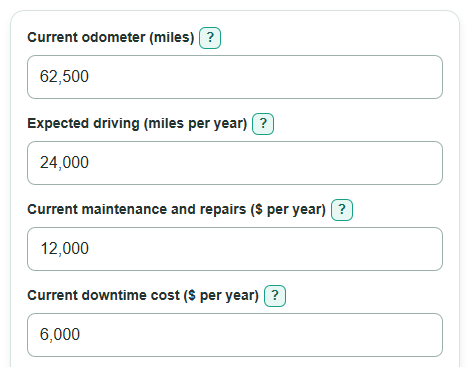 Example inputs for Fleet Vehicle Replacement Timing Calculator