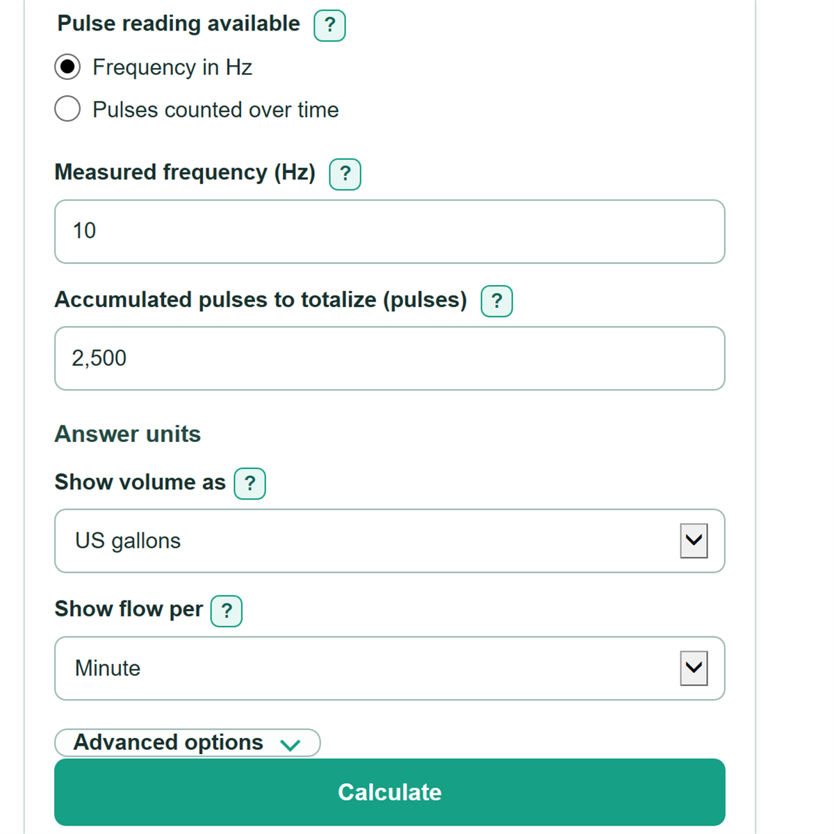 Example inputs for Flow Meter K-Factor, Pulse Totalizer and Flow Rate Calculator
