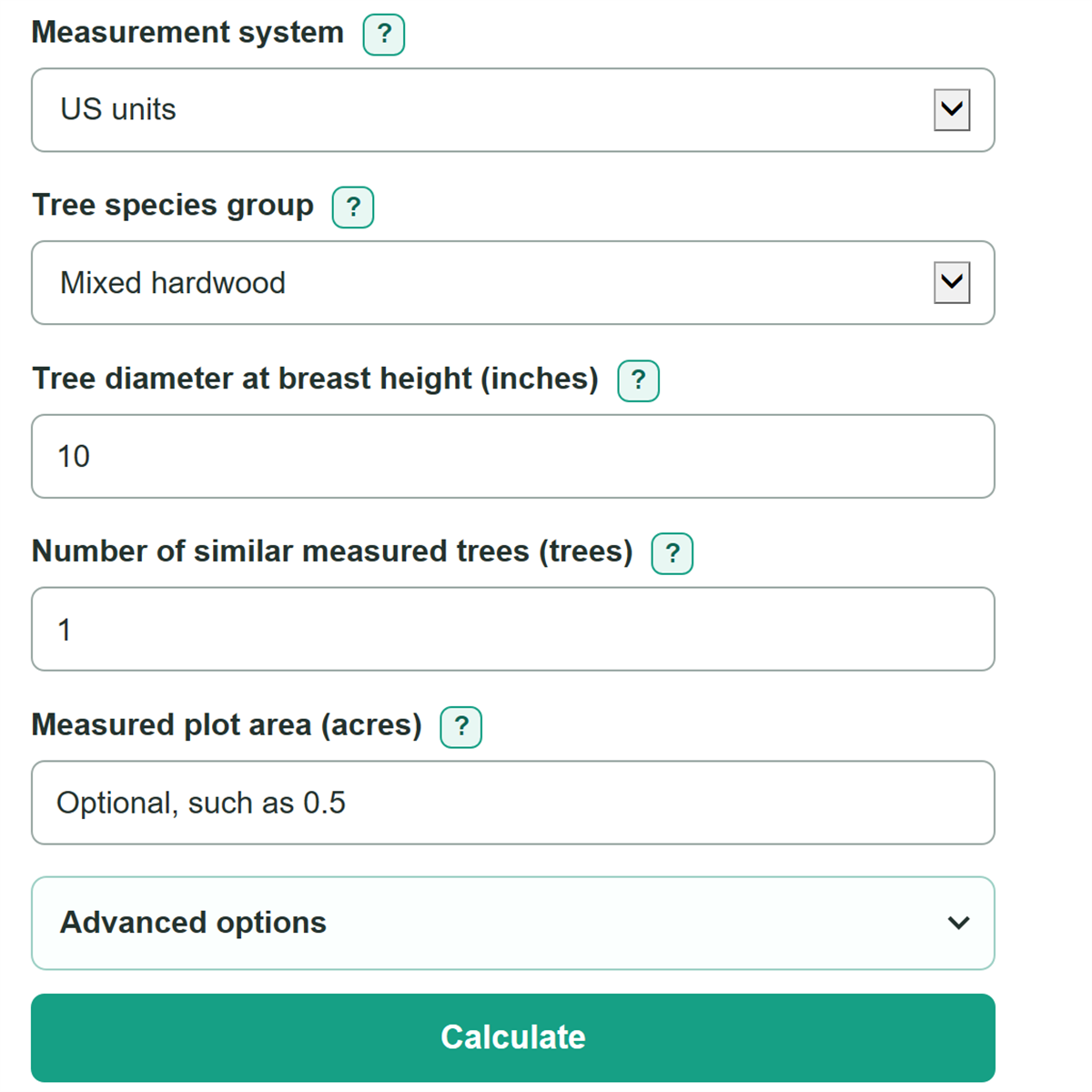 Example inputs for Forest Biomass, Carbon Stock and CO2e Calculator