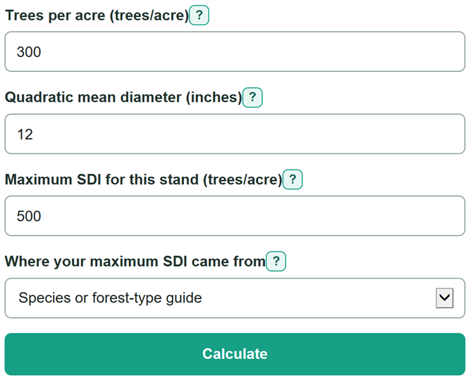 Example inputs for Forest Stand Density Index and Relative Density Calculator