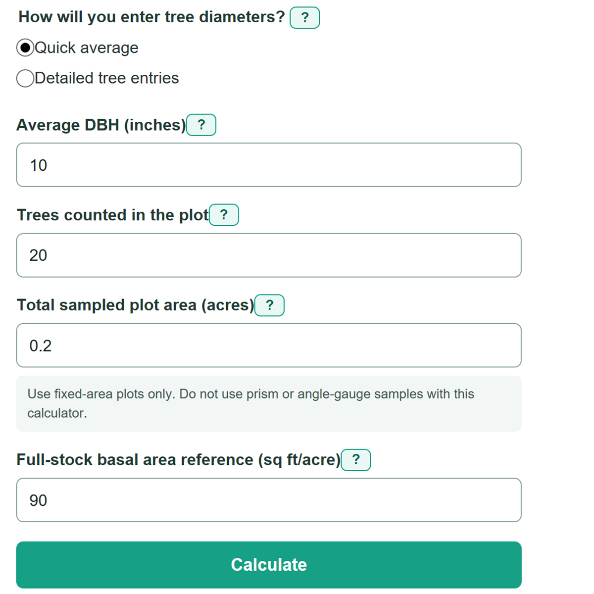 Example inputs for Forest Stocking Percentage Calculator