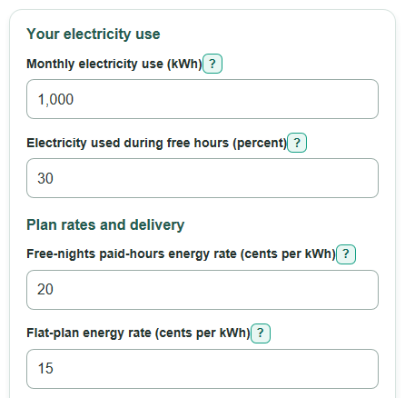 Example inputs for Free Nights vs Flat-Rate Electricity Plan Calculator