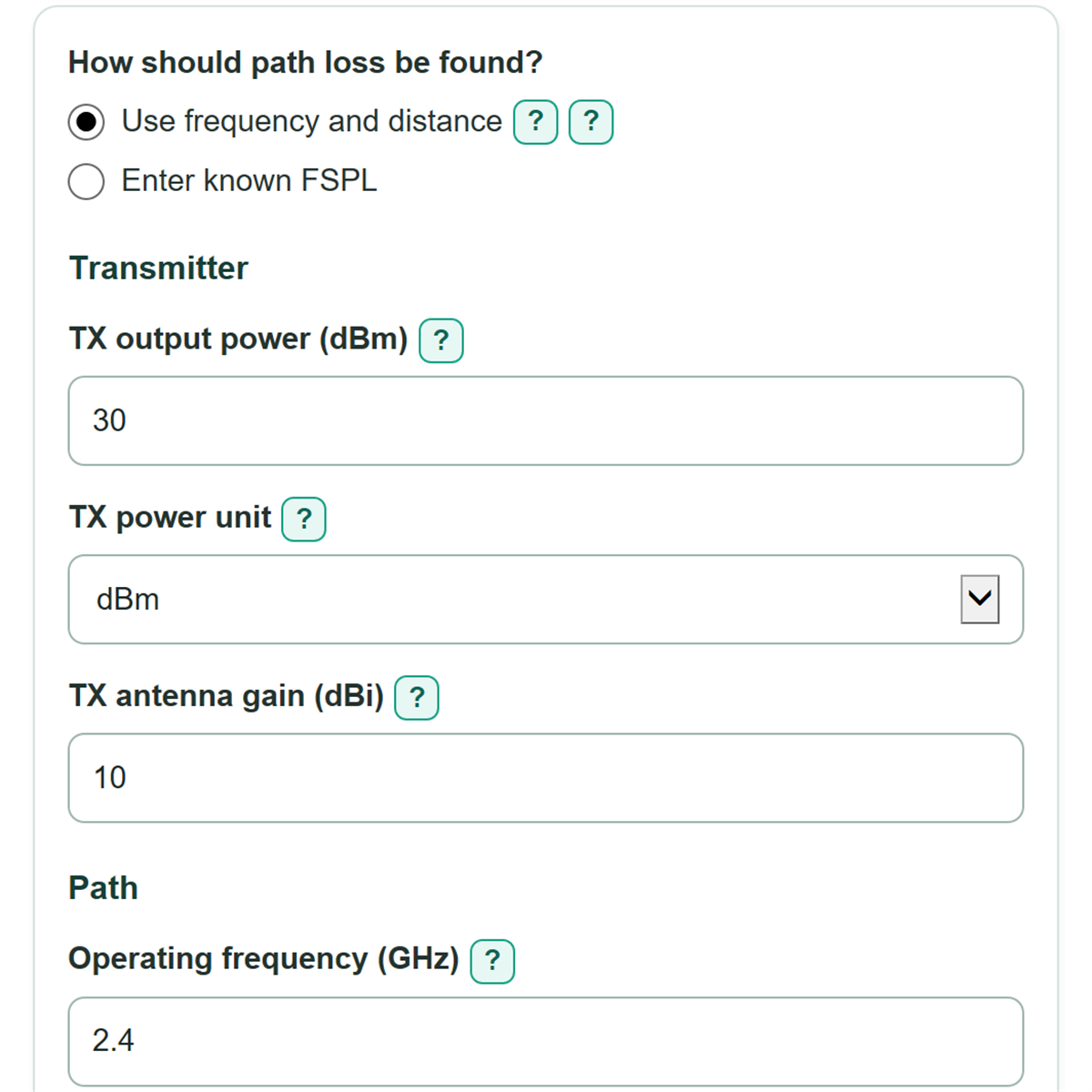 Example inputs for Free-Space Path Loss and RF Link Budget Calculator