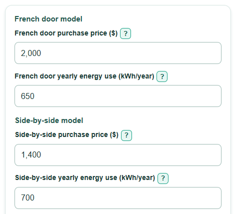 Example inputs for French Door vs Side-by-Side Refrigerator Lifetime Cost Calculator