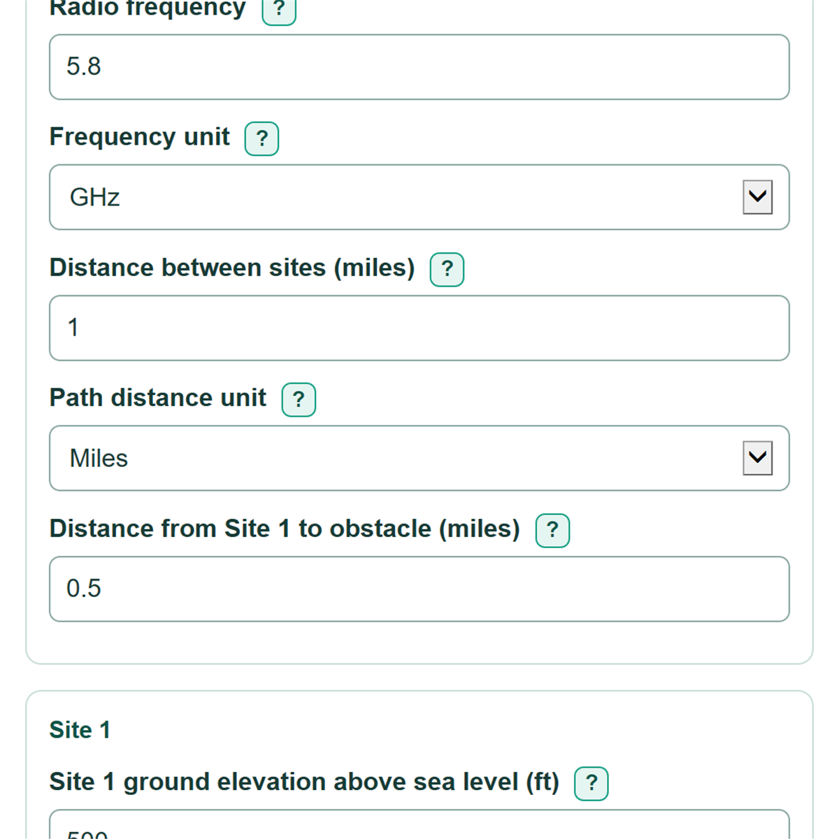 Example inputs for Fresnel Zone Clearance and Antenna Height Calculator