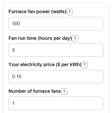 Example inputs for Furnace Fan Electricity Cost Calculator