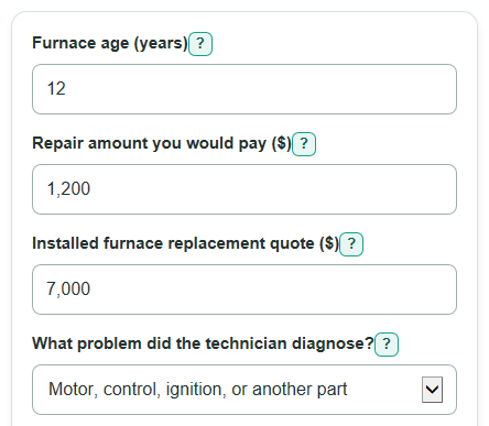 Example inputs for Furnace Repair or Replace Calculator