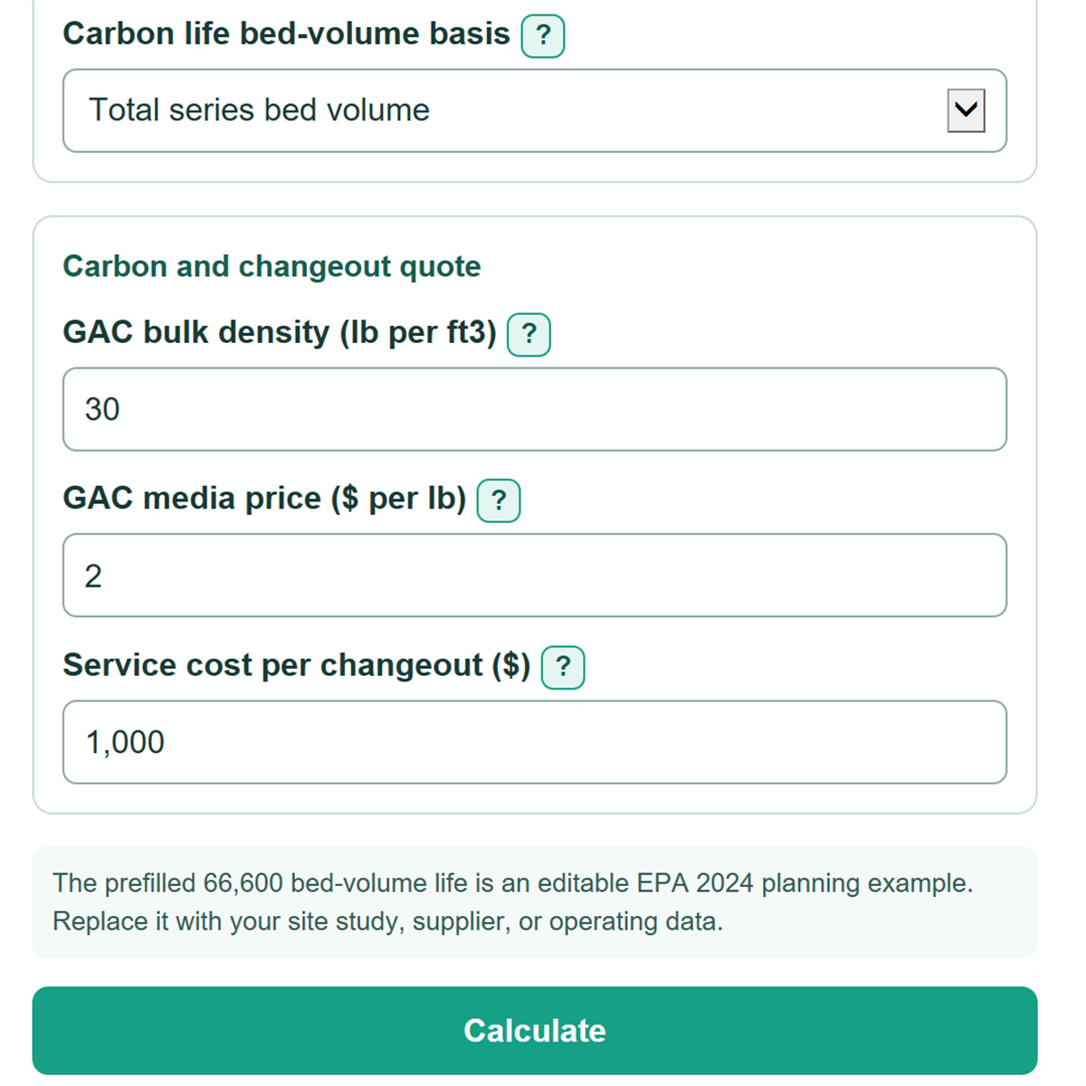 Example inputs for GAC EBCT, Media Life and Cost Calculator