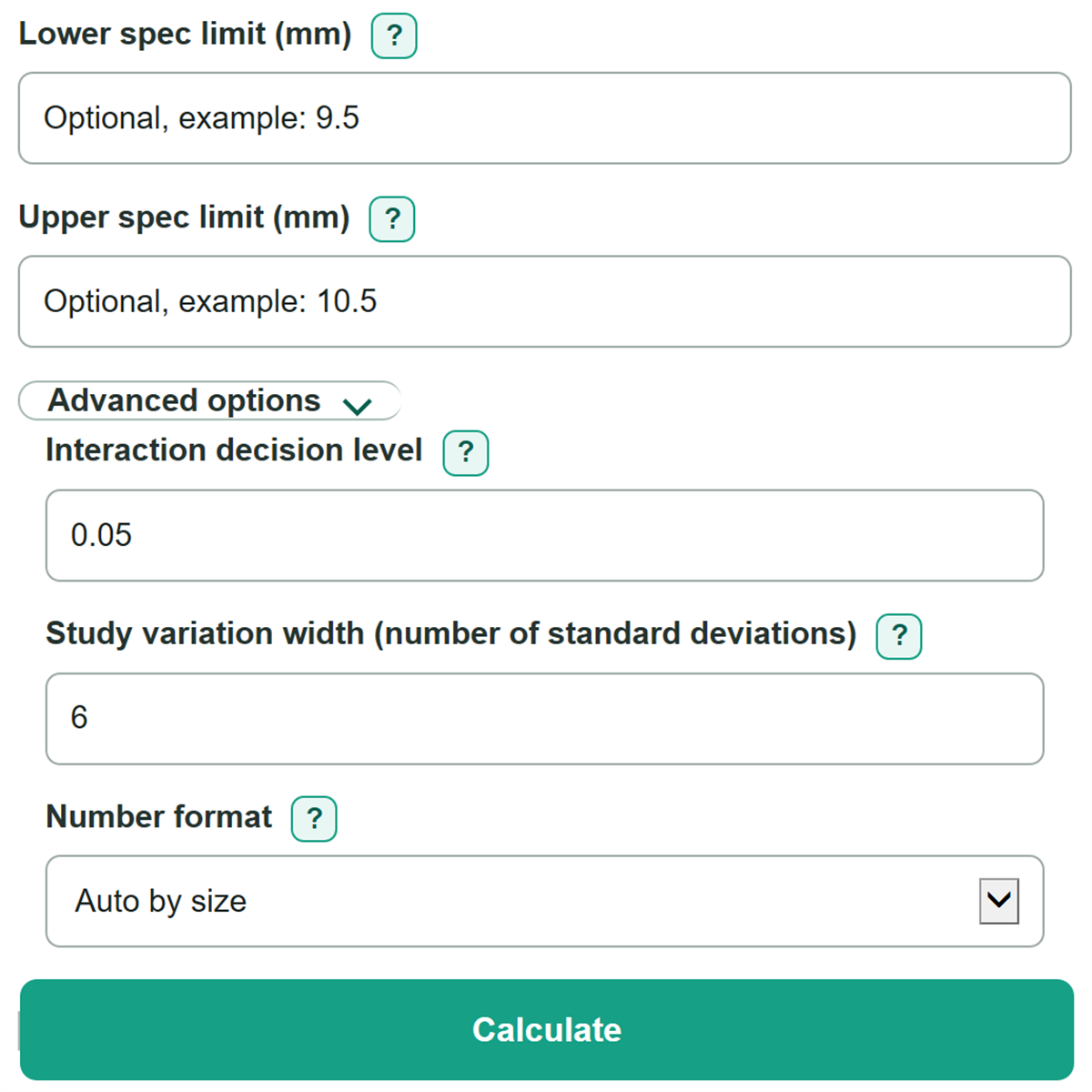 Example inputs for Gage R&R ANOVA and Measurement System Analysis Calculator