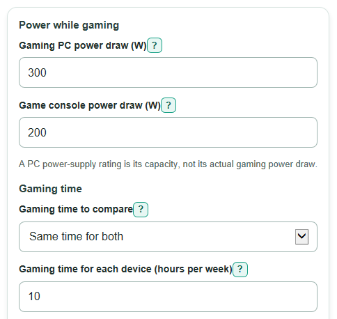Example inputs for Gaming PC vs Game Console Lifetime Electricity Cost Calculator