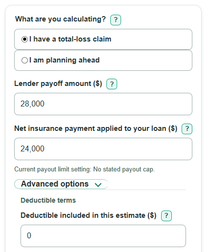 Example inputs for GAP Insurance and Total-Loss Loan Shortfall Calculator