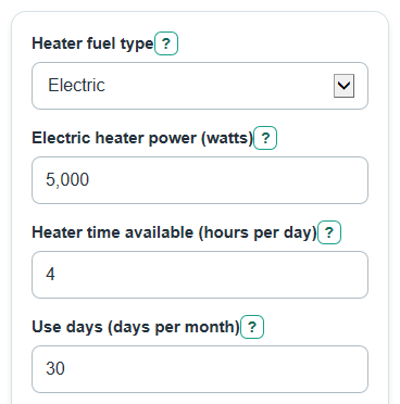 Example inputs for Garage Heater Running Cost Calculator