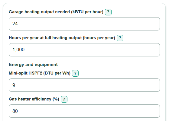 Example inputs for Garage Mini Split vs Gas Unit Heater Lifetime Cost Calculator