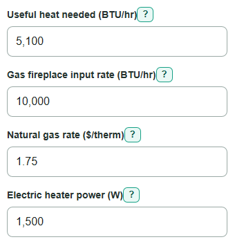 Example inputs for Gas vs Electric Fireplace Cost Calculator