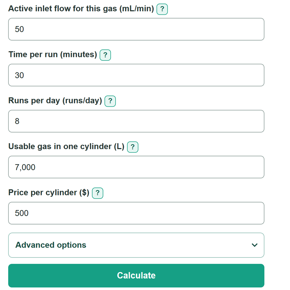 Example inputs for GC Carrier Gas Consumption, Cylinder Life and Run Cost Calculator