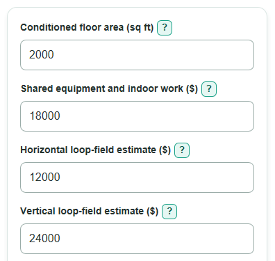 Example inputs for Geothermal Horizontal vs Vertical Loop Cost Calculator