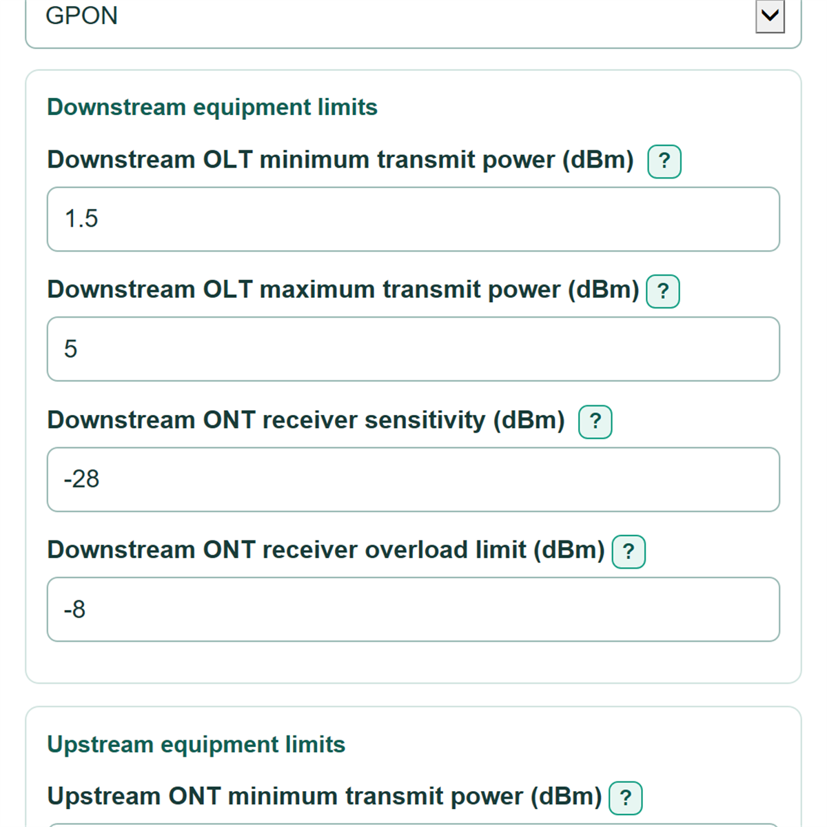 Example inputs for GPON and XGS-PON Optical Power Budget Calculator