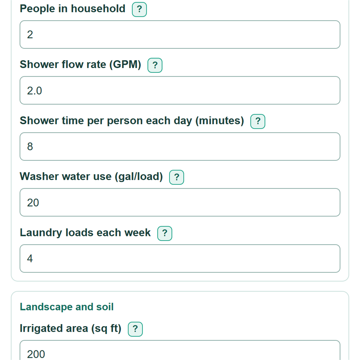 Example inputs for Graywater Recycling System Size and Payback Calculator