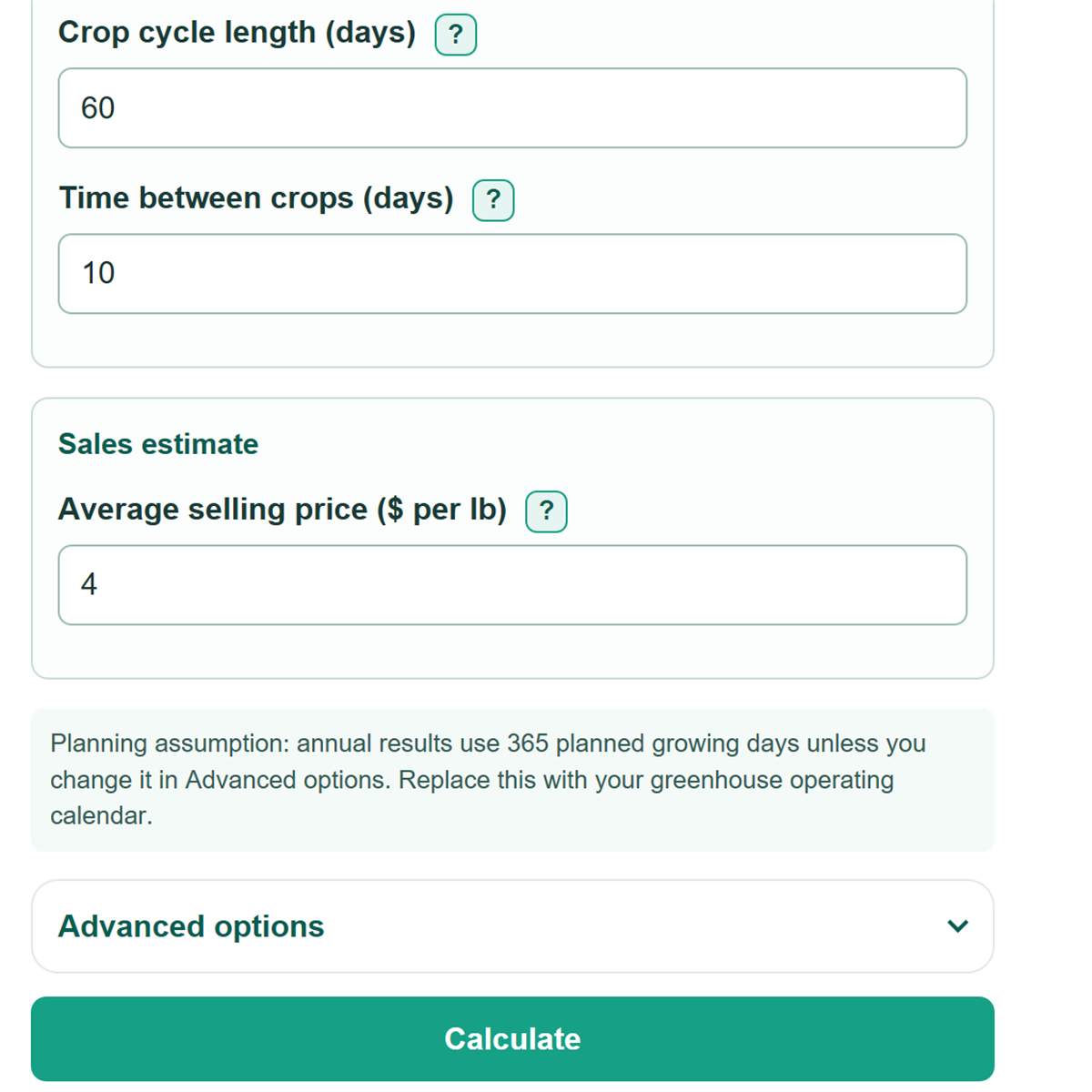 Example inputs for Greenhouse Crop Yield, Revenue and Space Productivity Calculator