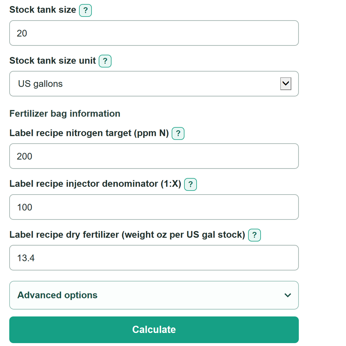 Example inputs for Greenhouse Fertilizer Injector and Stock Solution Calculator