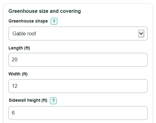 Example inputs for Greenhouse Heating Cost Calculator