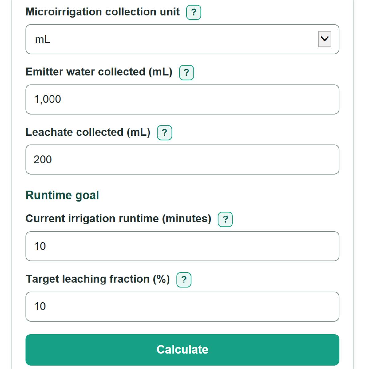 Example inputs for Greenhouse Leaching Fraction and Irrigation Runtime Calculator