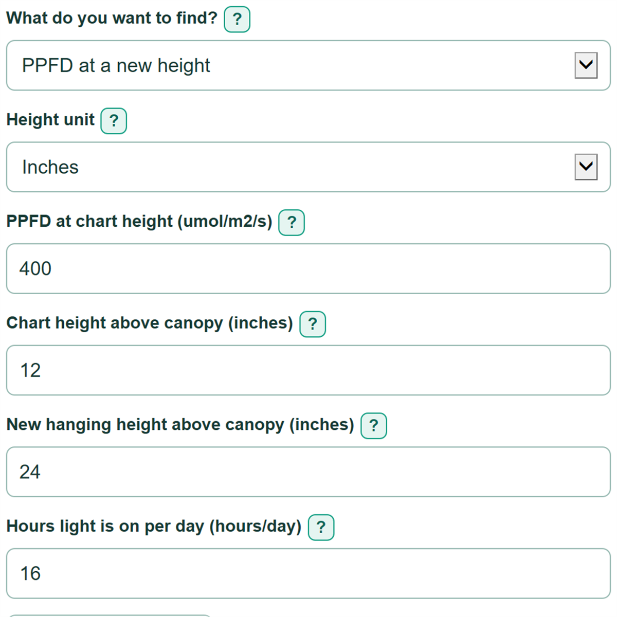 Example inputs for Grow Light Hanging Height and PPFD Calculator