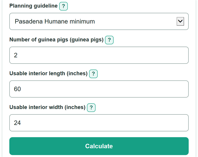 Example inputs for Guinea Pig Cage Size and Floor Space Calculator