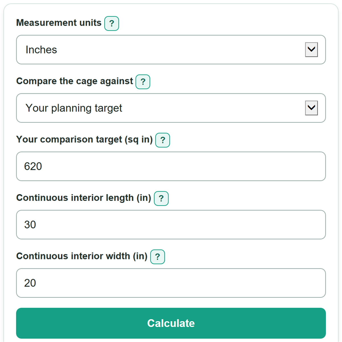 Example inputs for Hamster Cage Size and Floor Space Calculator