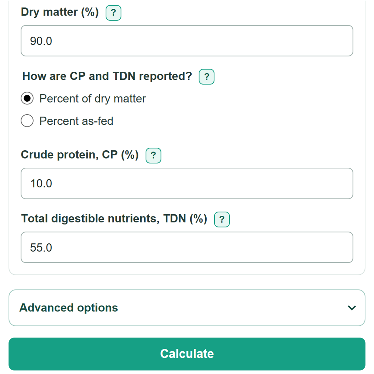 Example inputs for Hay Dry Matter and Nutrient Cost Calculator
