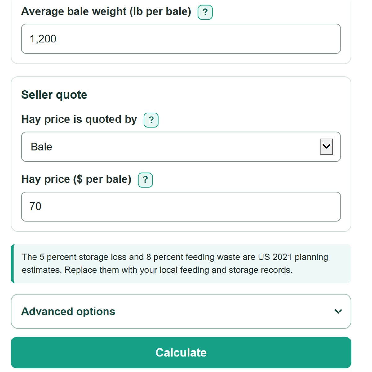 Example inputs for Hay Inventory, Bale Waste and Winter Feed Cost Calculator