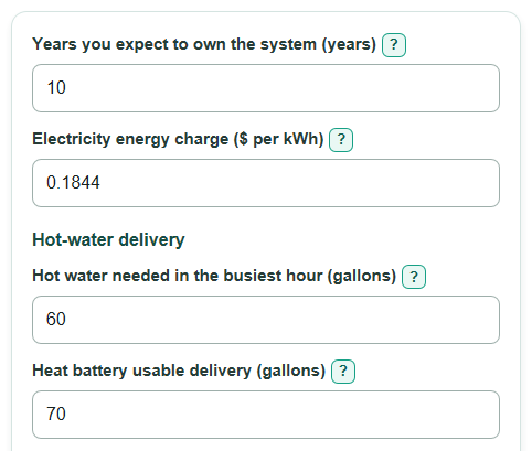 Example inputs for Heat Battery vs Hot Water Cylinder Lifetime Cost Calculator