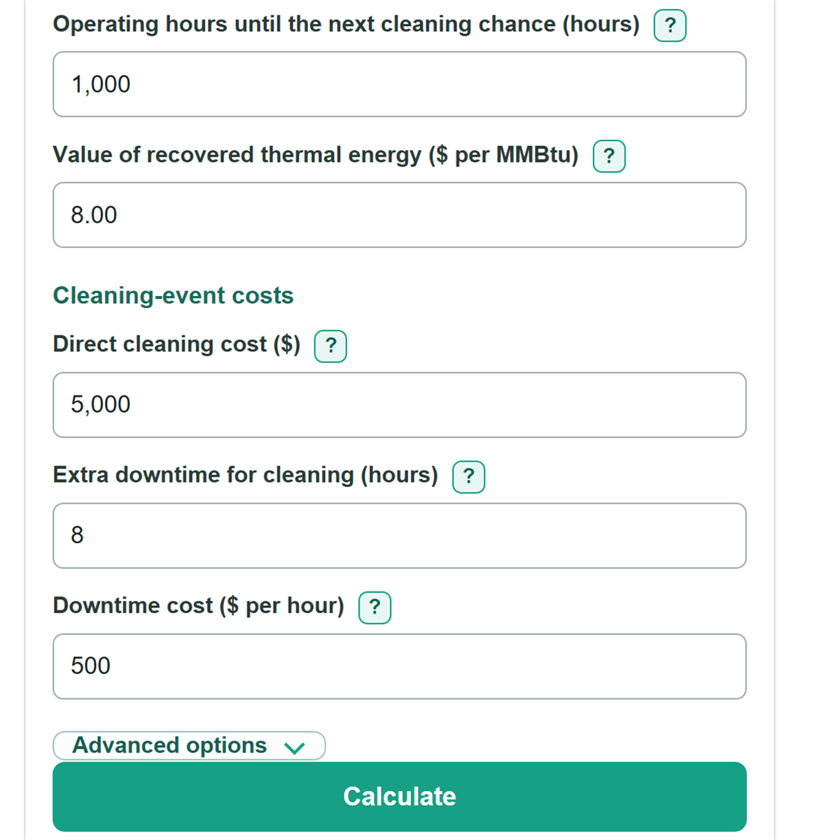 Example inputs for Heat Exchanger Cleaning Payback Calculator