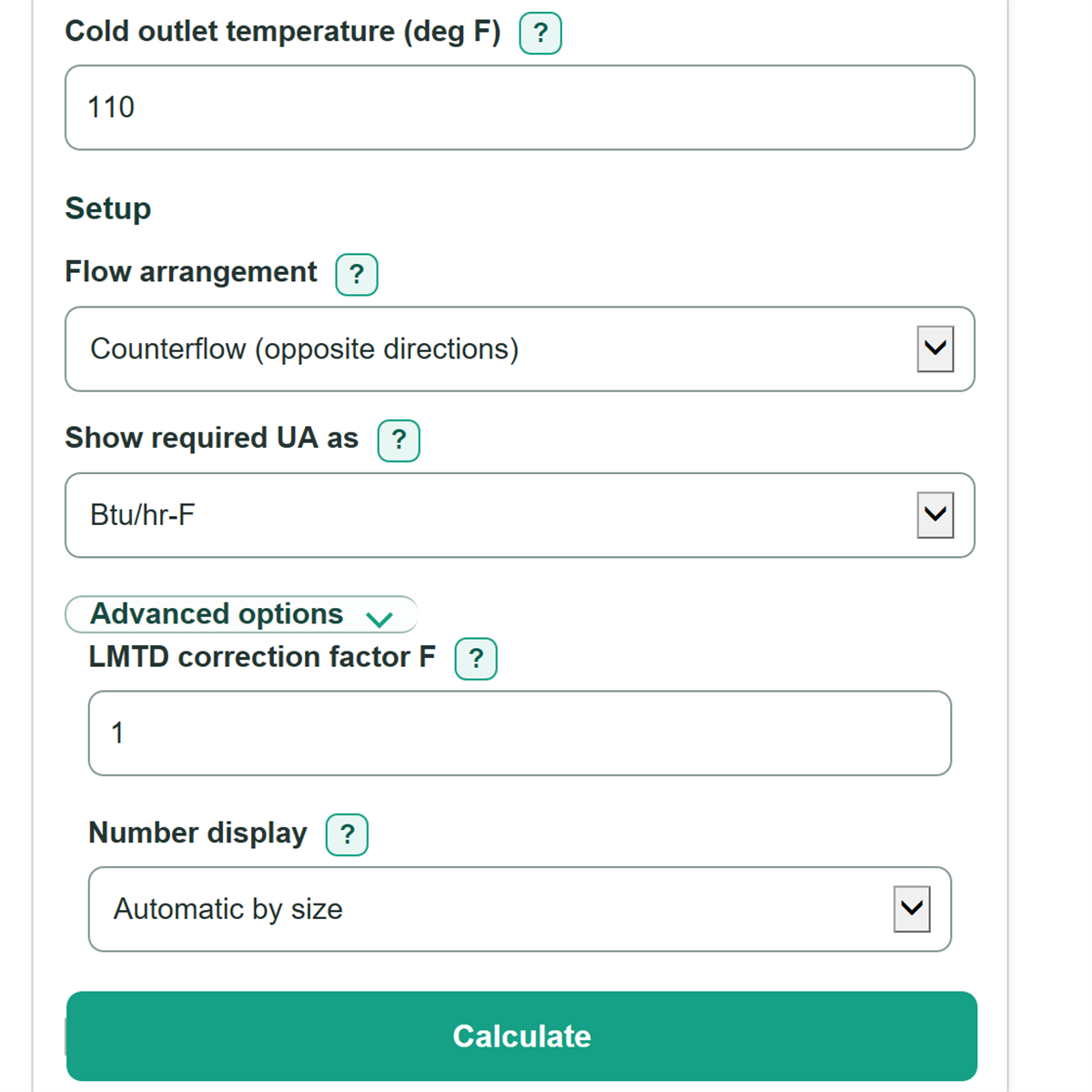 Example inputs for Heat Exchanger LMTD and Required UA Calculator