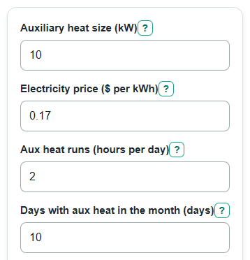 Example inputs for Heat Pump Auxiliary Heat Cost Calculator