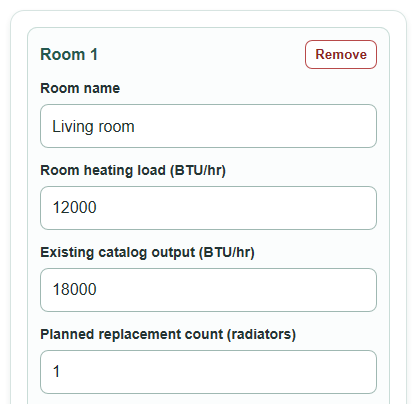 Example inputs for Heat Pump Radiator Size and Upgrade Cost Calculator