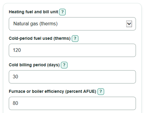 Example inputs for Heat Pump Size from Heating Fuel Use Calculator