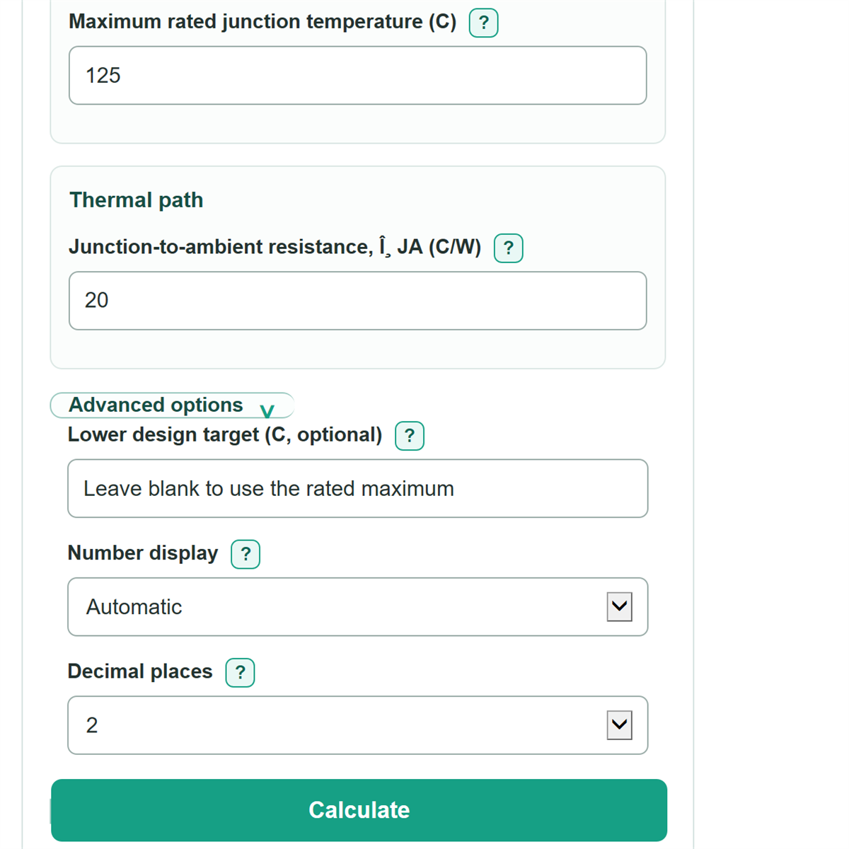 Example inputs for Heat Sink Thermal Resistance and Junction Temperature Calculator