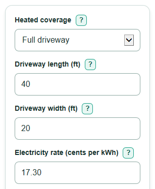 Example inputs for Heated Driveway Operating Cost Calculator