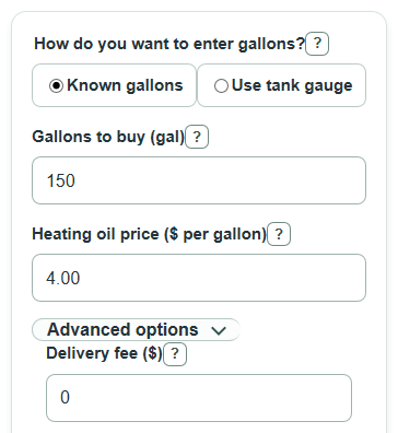 Example inputs for Heating Oil Cost Calculator