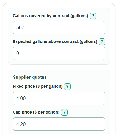 Example inputs for Heating Oil Fixed-Price vs Price-Cap Contract Calculator