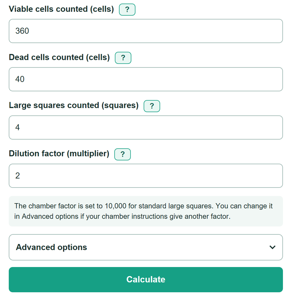 Example inputs for Hemocytometer Cell Count, Concentration and Viability Calculator