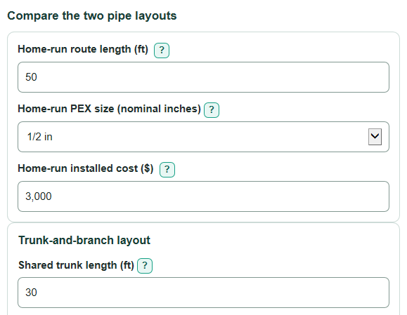 Example inputs for Home-Run PEX vs Trunk-and-Branch Cost Calculator