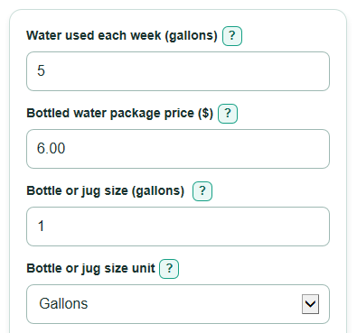 Example inputs for Home Water Distiller vs Bottled Water Lifetime Cost Calculator