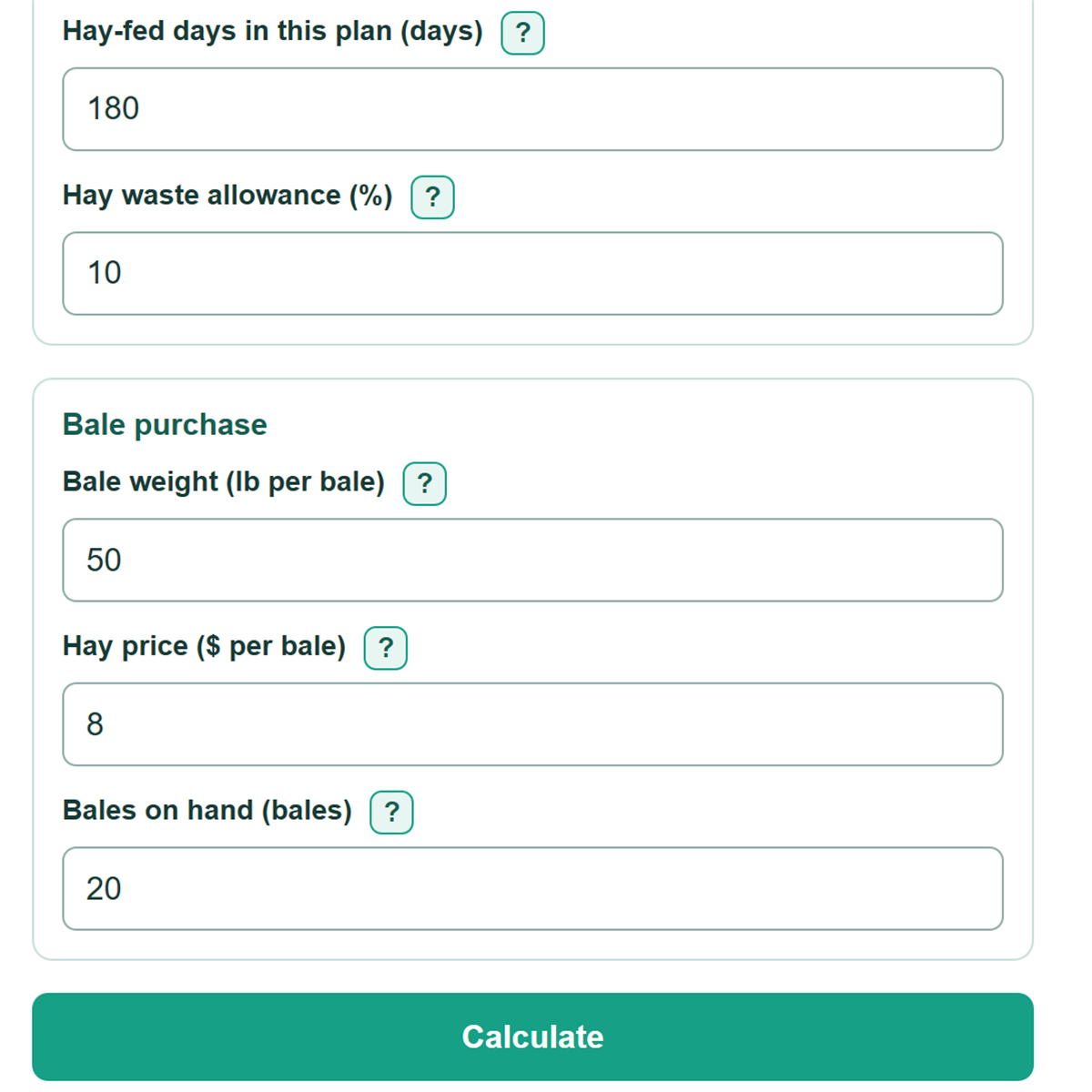 Example inputs for Horse Hay Requirement, Bale Inventory and Annual Cost Calculator